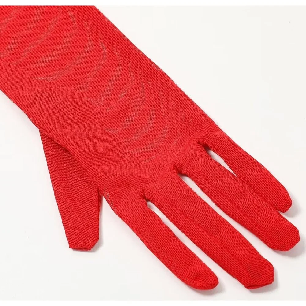Women's Tulle Mesh Red Long Stretchy Gloves Halloween Party Wedding Costume